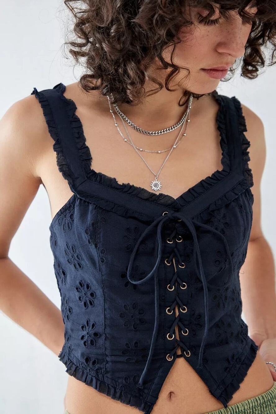 Urban Outfitters UO Layla Eyelet Corset Top Lace Up Black Cotton Size XS Navy